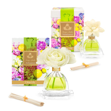 Monique Lhuillier Citrus Lily Reed Diffuser Set, Air Essence & Petite Essence Luxury Fragrance Duo with Natural