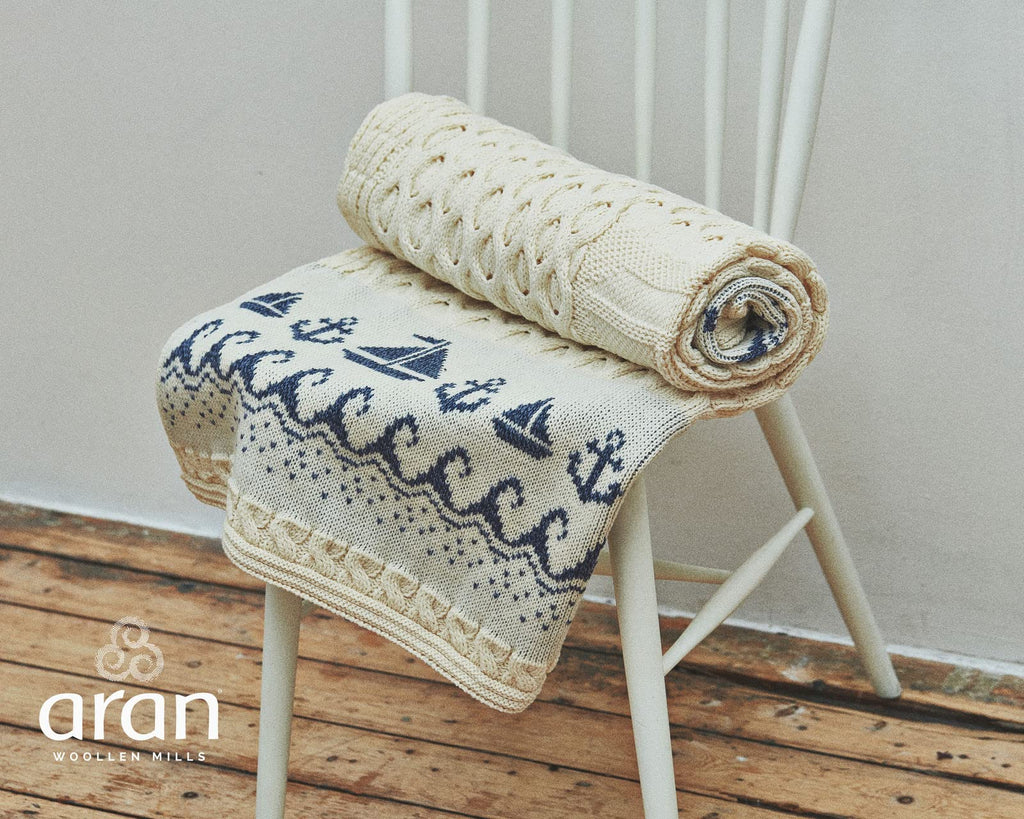 Woollen Mills Irish Blanket 100% Throw Honeycomb Knit Couch Sofa Made in Ireland 42" x 62" Natural