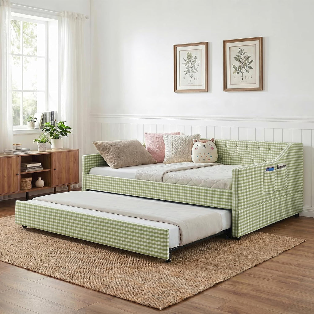 Full to King Daybed with Trundle, 3‐in‐1 Upholstered Full Size Daybed with Button Tufted Backrest, Extendable