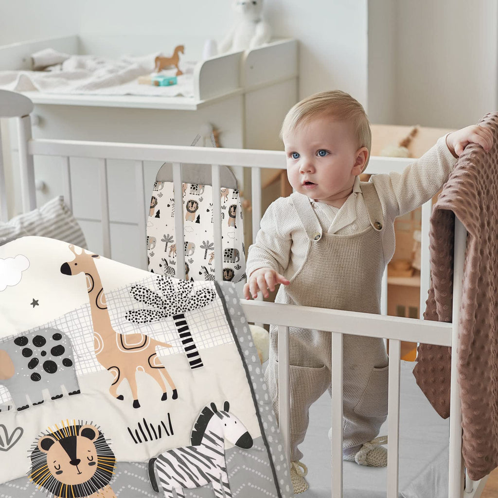 4 Piece Safari Animal Crib Bedding Set with Skirt Blanket Sheet