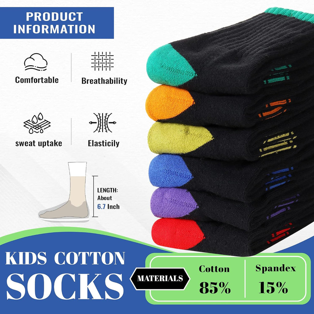 Kids Socks Boys Crew Athletic Half Cushioned Cotton Sport Running Breathable Socks 6 Pairs