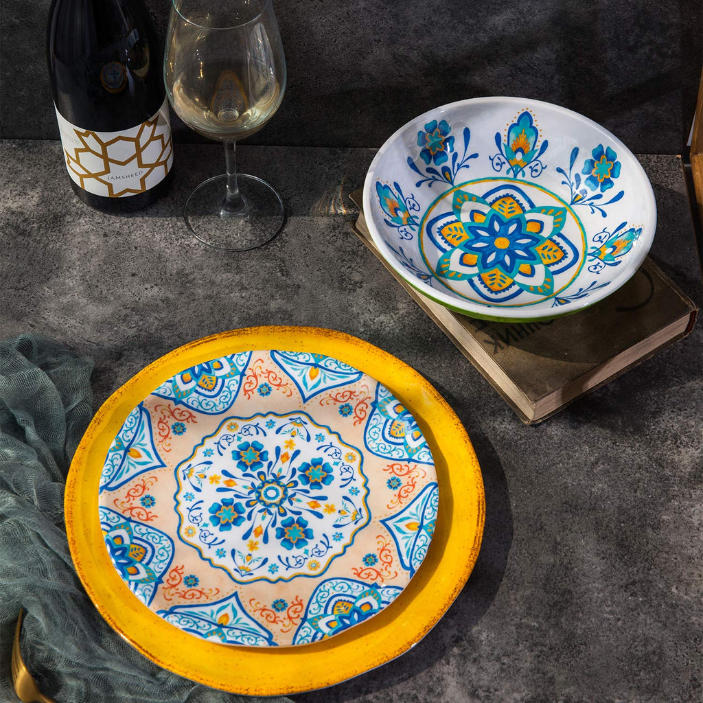Melamine Dinnerware Set 12 Pcs Durable Dishware Colorful Plate Bowl Set Dishwasher Safe Shatter Proof Chip Resistant