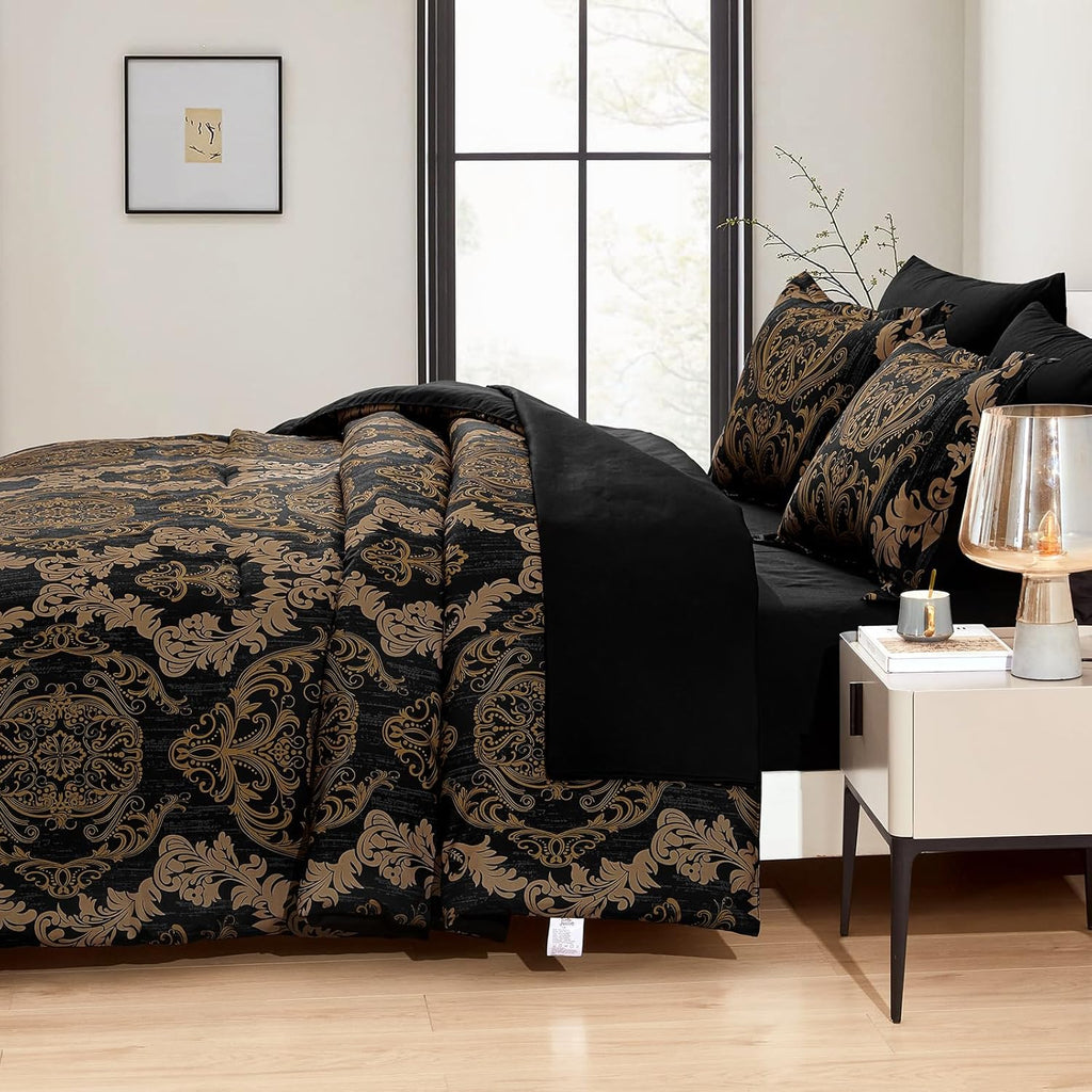 Black Comforter Set Queen, Gold Damask Texture 7 Pieces Bed in a Bag Microfiber Comforter Bedding Sets -1 Comforter