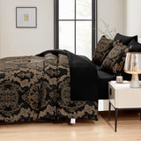 Black Comforter Set Queen, Gold Damask Texture 7 Pieces Bed in a Bag Microfiber Comforter Bedding Sets -1 Comforter
