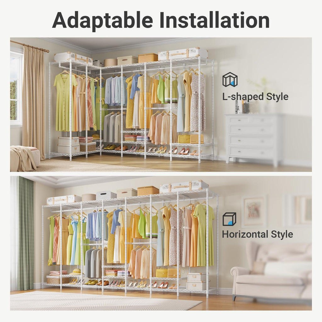 V70 White Metal Garment Rack, Adjustable Open Wardrobe Load 1670lbs