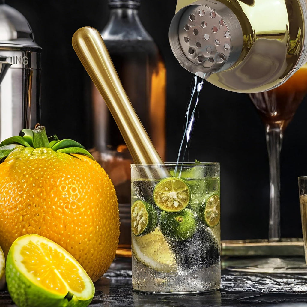 Cocktail Shaker Set 17oz, Gold Glass Martini Shaker with Strainer & Lid, Durable Bar Tools Bartenders, Gift Box