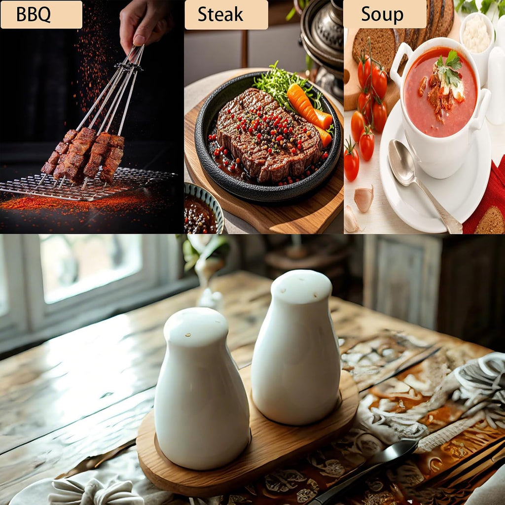 Ceramic Salt and Pepper Shakers Set with a Bamboo Tray,Farmhouse White Salt Shaker for Cooking,Travel,BBQ, Kitchen - Set of 2