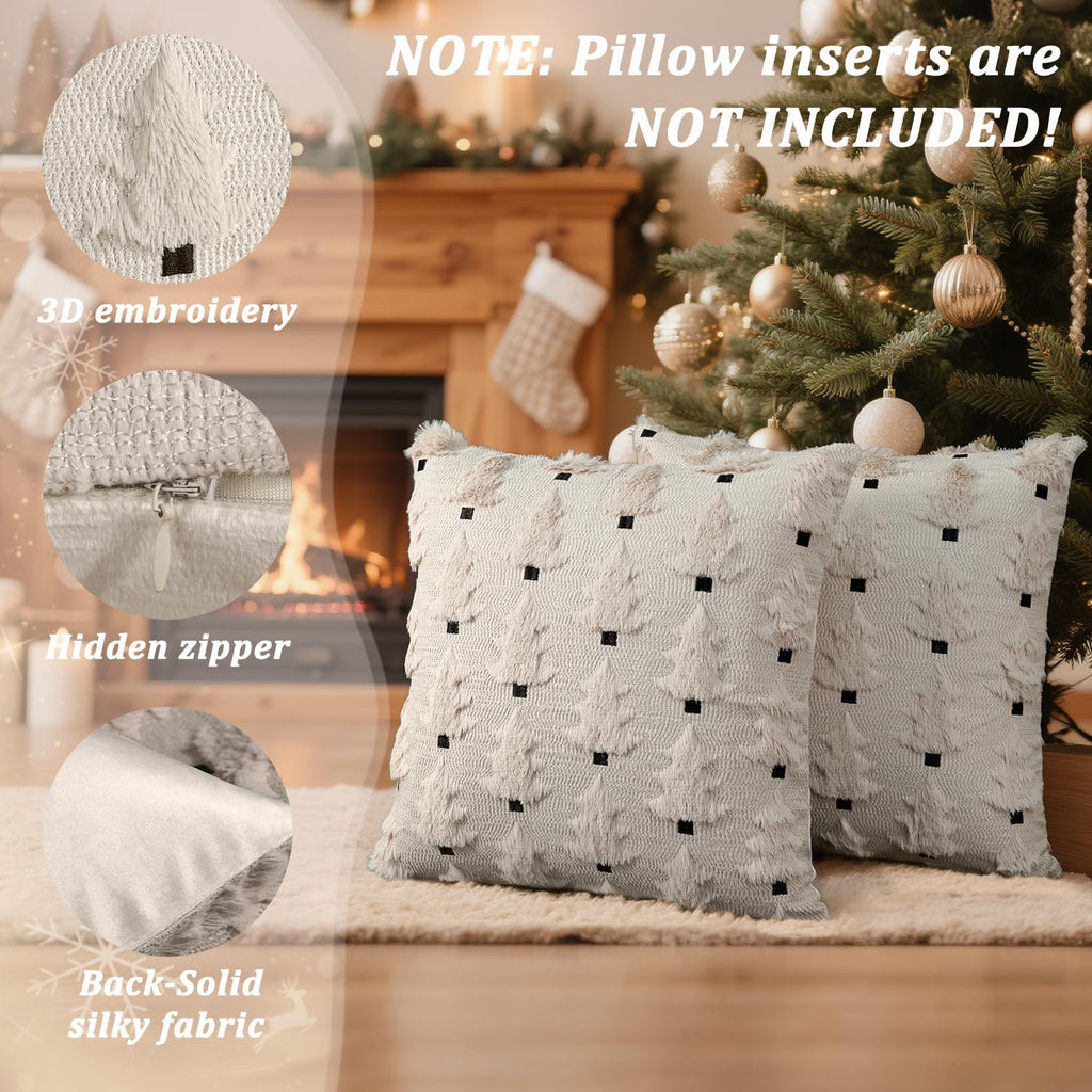 Christmas Pillow Covers 20x20 inch Soft Plush Faux Fur Christmas Tree Throw Pillow Cases for Winter Holiday - Set of 2