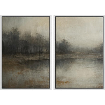 Framed Canvas Print Wall Art Set Moody Misty Forest Lake Vintage Neutral Nature Landscape Illustration Modern Art