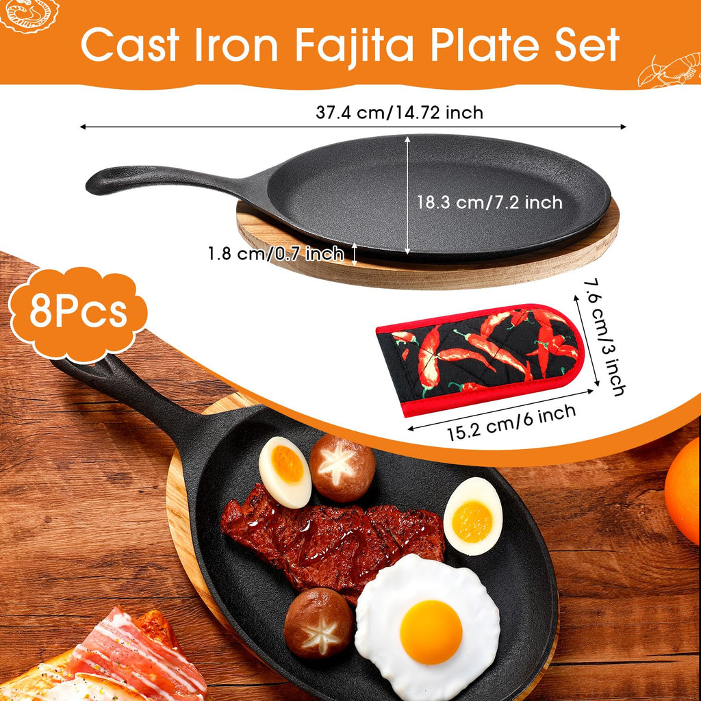 8 Sets Cast Iron Fajita Skillet, Wooden Tray, Protective Mitt
