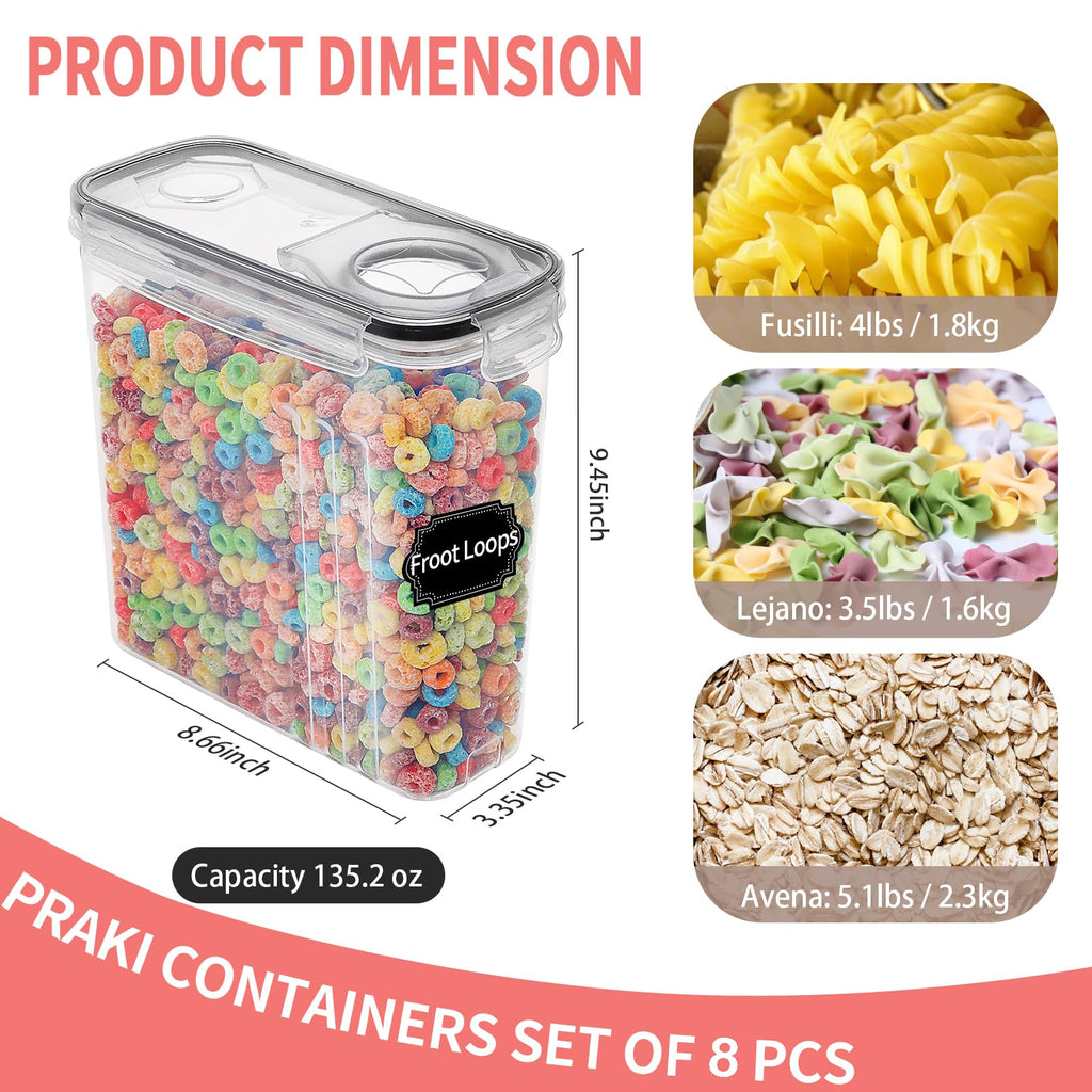 Cereal Containers Storage Set (4L,135.2 Oz), 8PCS Airtight Food Storage Containers with Lids & Pantry Organizers