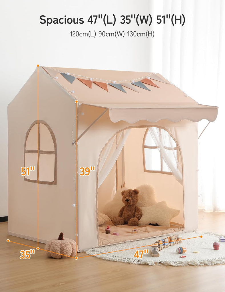 Kids Play Tent with Eave, Toddler Tent 2 in 1 with Padded Mat and Lights, Large Playhouse with 2 Doors & 2 Windows