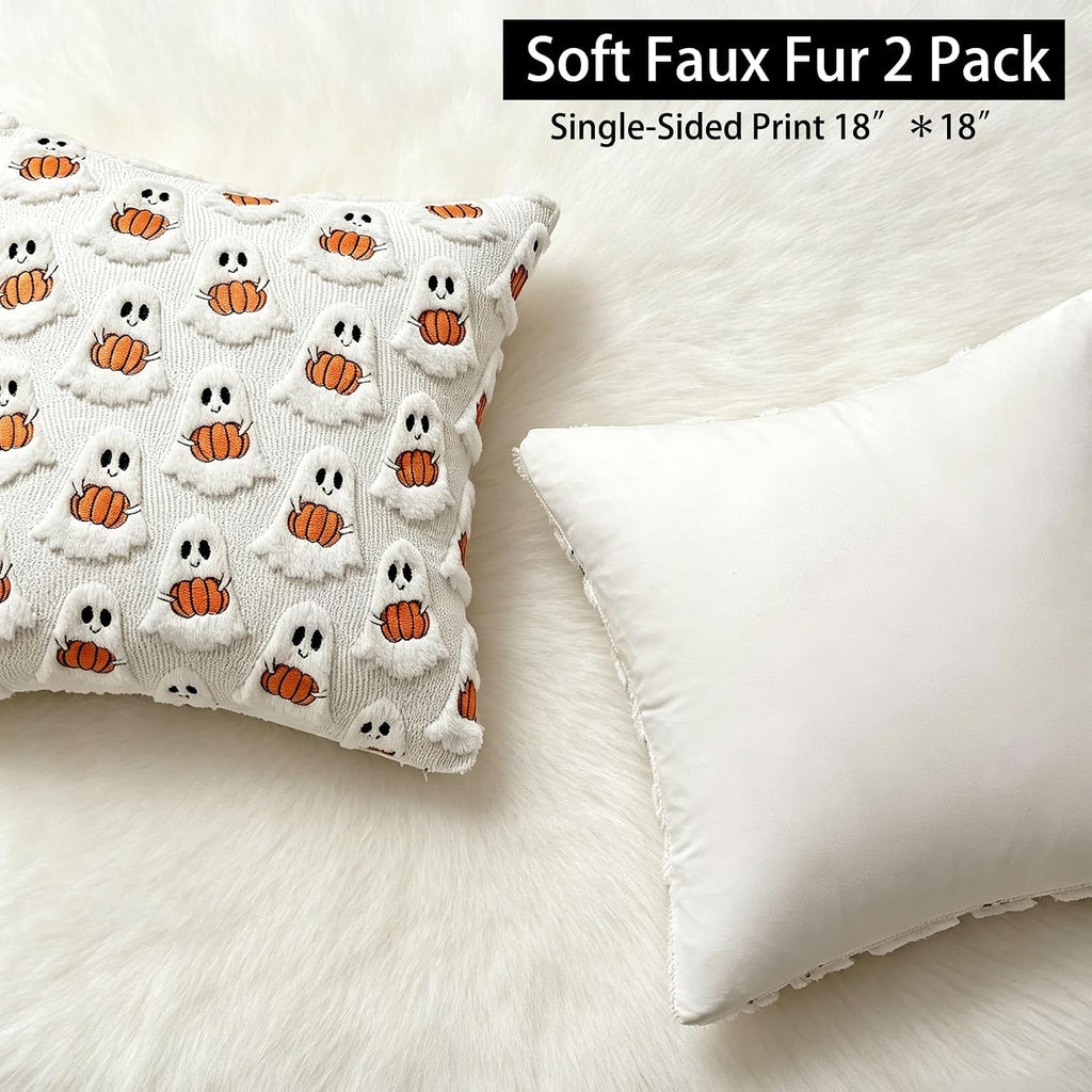 Halloween Ghost Pillow Covers-18x18, Cream Plush Fluffy Washable - Set of 2