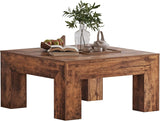 Wooden Square Coffee Table,35.5 inch Farmhouse Low Cocktail with Thick Base (Rustic Brown)