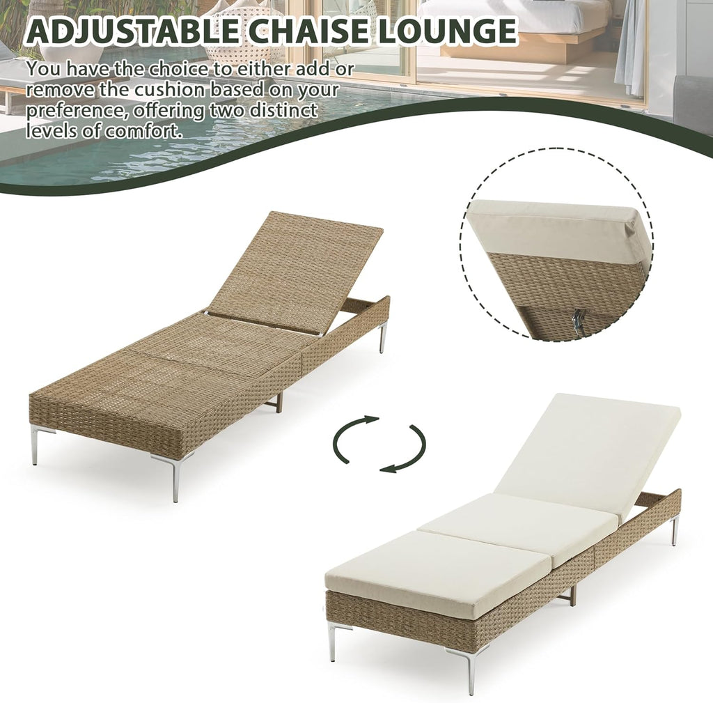 Outdoor Chaise Lounge Chair Set of 2, Patio Wicker Lounge Chairs with Adjustable Backrest