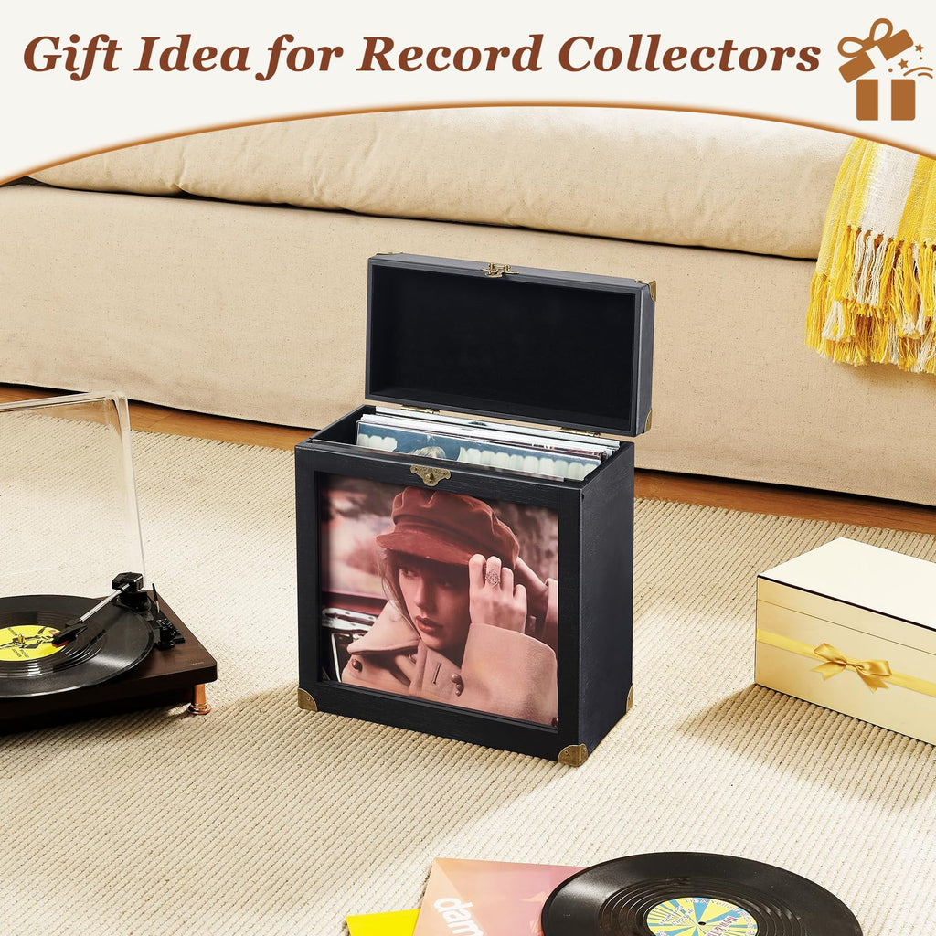 Vinyl Record Storage, Solid Wood Vinyl Record Box with Display Window Fits Standard Records- 7/10 Inch, (Upgrade
