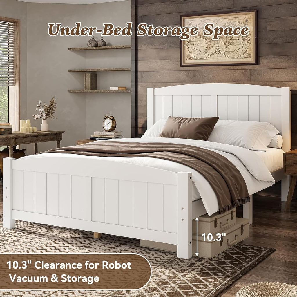 Queen Farmhouse Bed Frame with Headboard & Footboard, White Mid-Century Modern Platform Bed Queen, Vintage Solid Wood