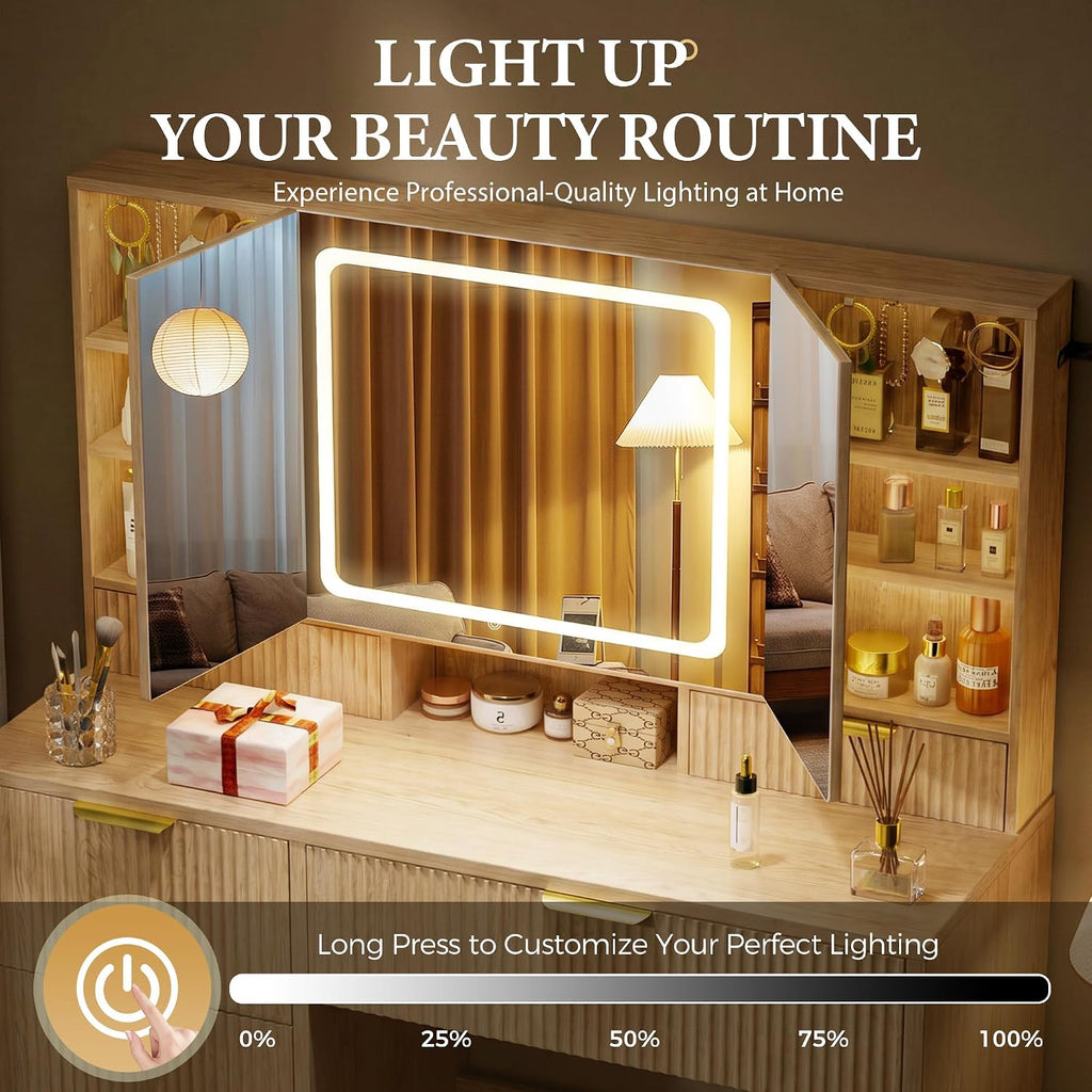 Vanity Desk with 3-Way Mirror and Lights, Makeup Vanity with 360° View Mirror, 3 Lighting Modes, 6 Drawers,Storage