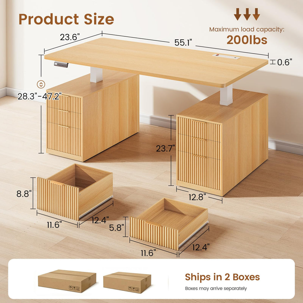 Electric Standing Desk with 6 Drawers, 55" Adjustable Stand up Desk with Storage, Fluted Computer Desks with Power