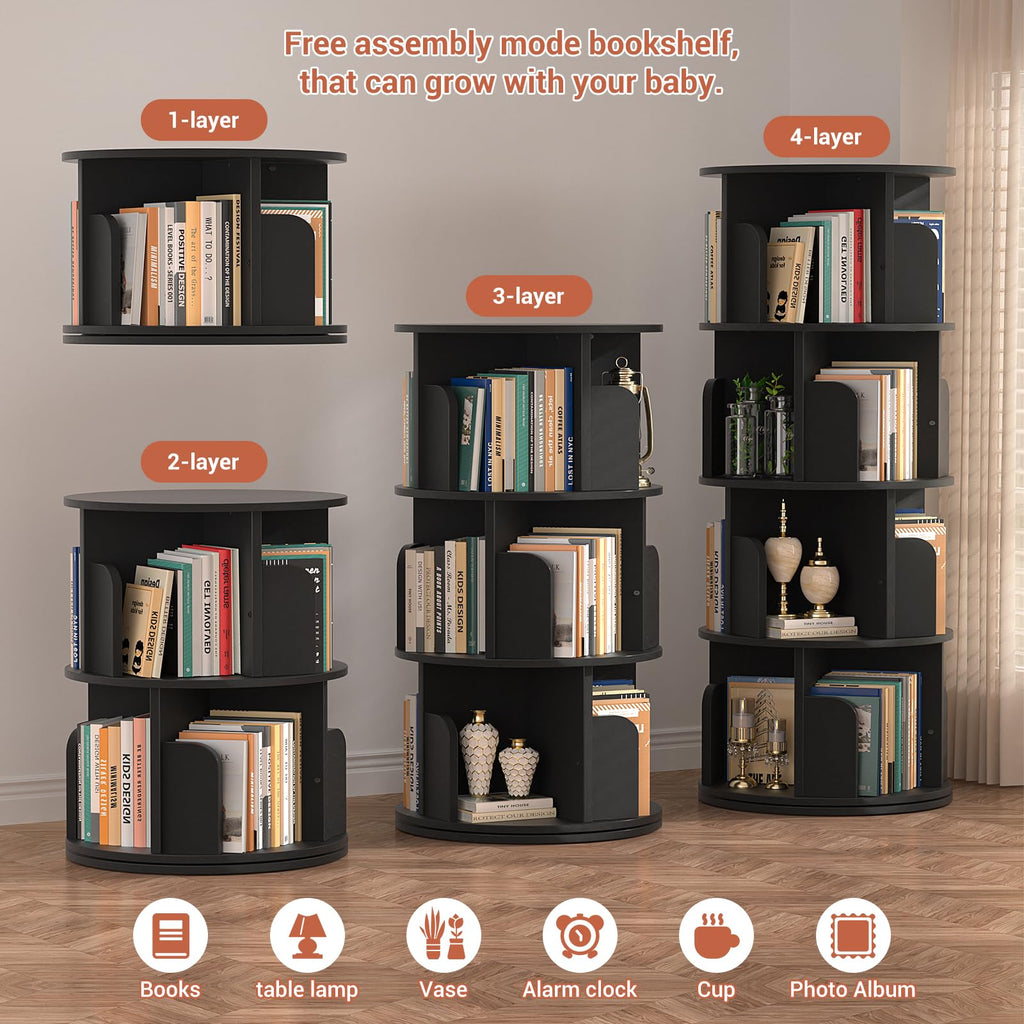 Rotating Bookshelf, 4 Tier Wood Spinning Bookcase Tower, Black