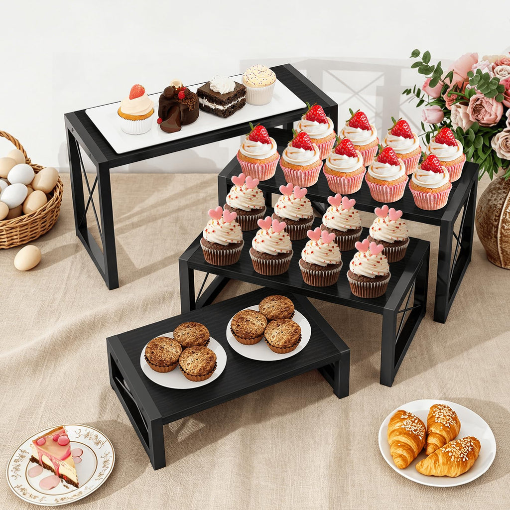 Wooden Risers Display Stands, 4 Tier Cupcake and Dessert Display Stand, Nesting Riser for Buffet Table for Cup Cake