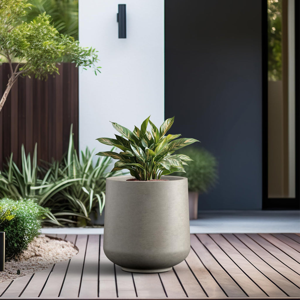 Large Round Curved Weathered Concrete Planter 16.5" Dia, Outdoor