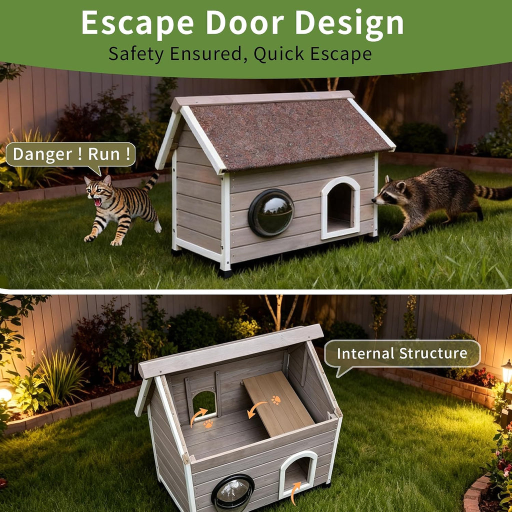 Outdoor Cat House with Escape Door, Wooden Elevated Outside Cat House