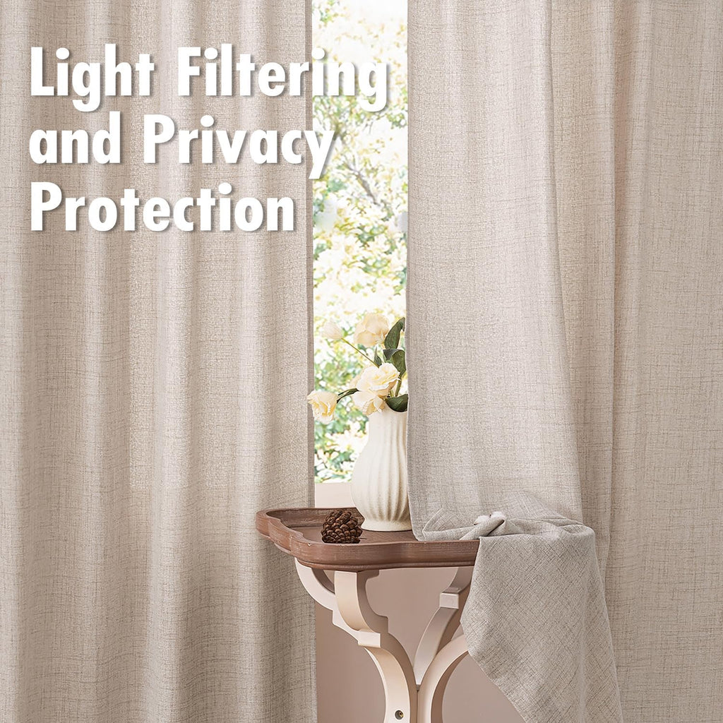 Faux Linen Curtains 2 Panels Natural Beige Semi Sheer Curtain with Back Tab Rod Pocket, Light