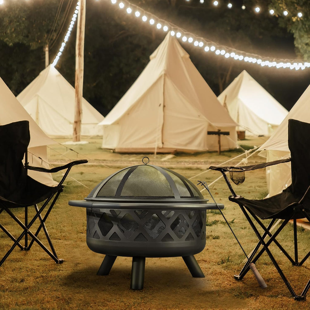 Round Steel Outdoor Fire Pit Outside Wood Burning Firepit Bonfire with Firebowl, Poker, Mesh Screen
