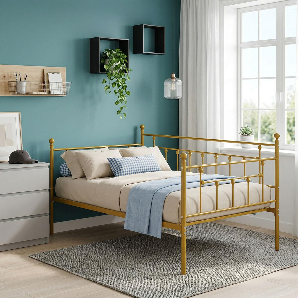 Twin Size Daybed Frame Metal Steel Slat Support with Headboard Sofa Bed Platform, Guest Room, Easy Assembly, Gold