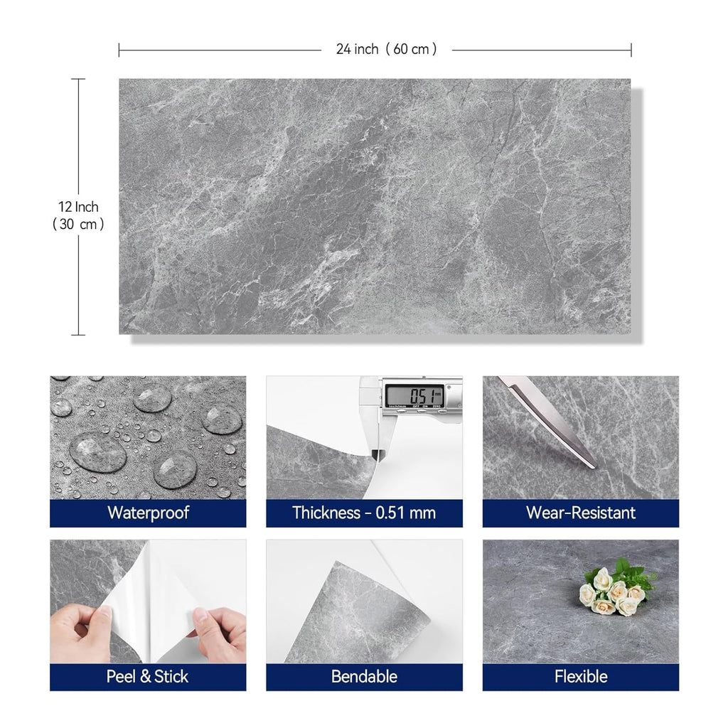 15 Pcs 12"x24" Flooring Tile Peel and Stick Floor Tile Waterproof Grey Marble Vinyl Flooring Peel and Stick Wall