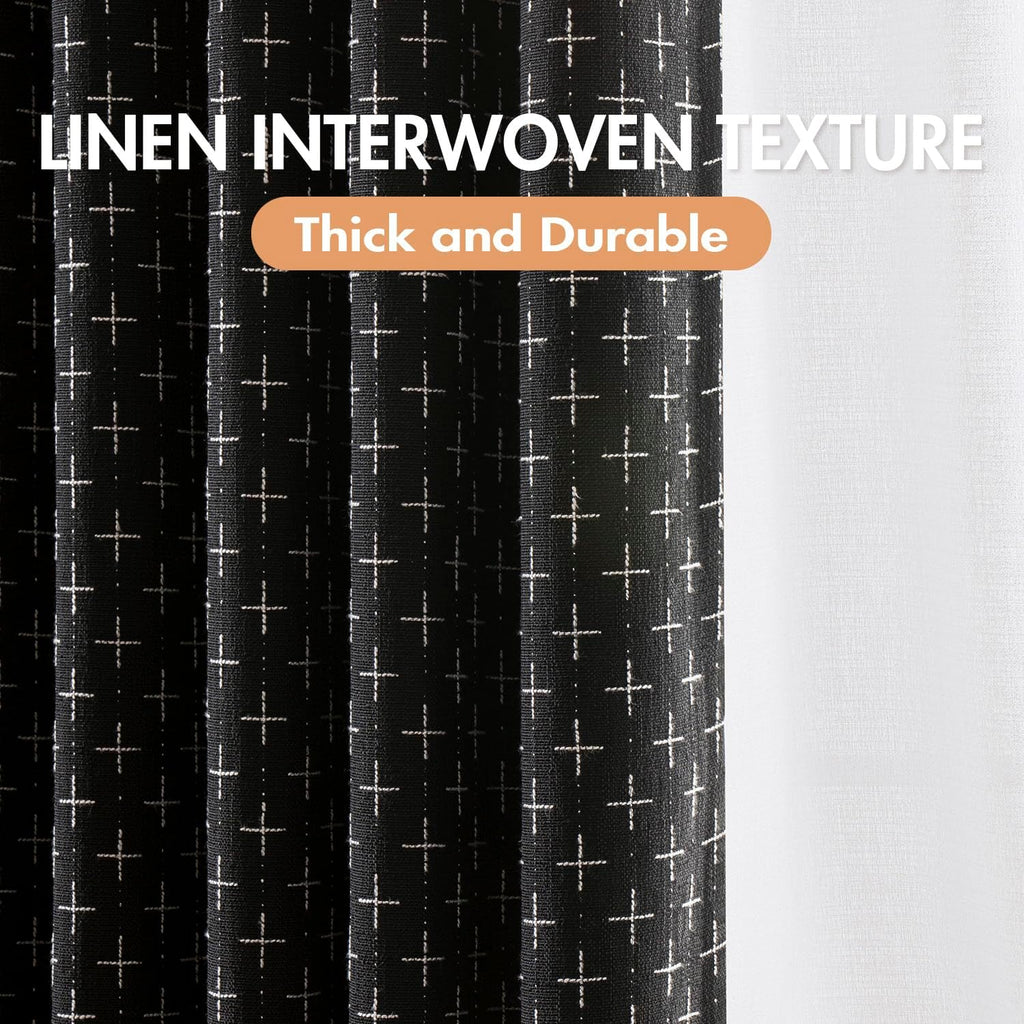 100% Blackout Decorative Linen Curtains with Geometric Pattern, Thick Woven Farmhouse Rustic Patterned Drapes with Back Tab for Bedroom and Living Room, Black, 52 x 84 Inches, 2 Panels