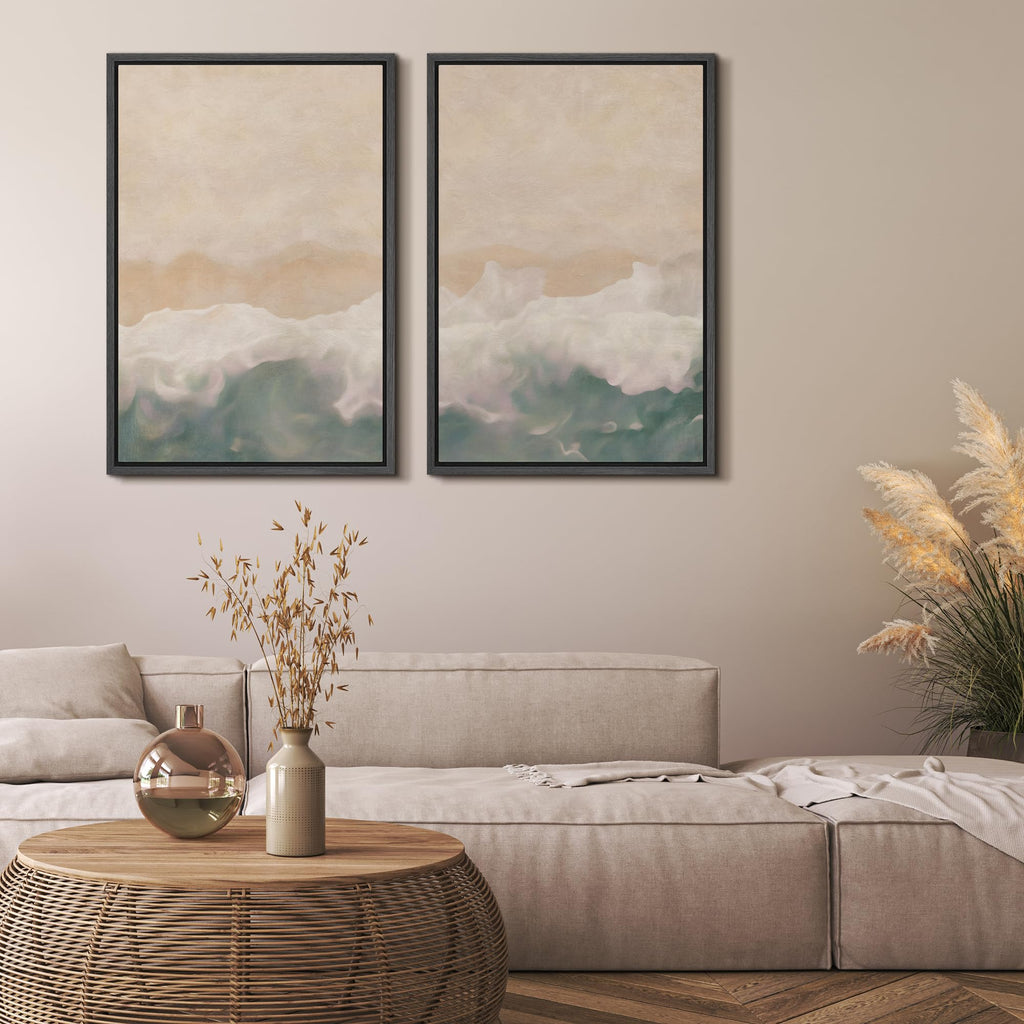 Framed Canvas Print Wall Art Set Soft Coastal Wave Abstract Pastel Illustrations Modern Art Decorative Bohemian