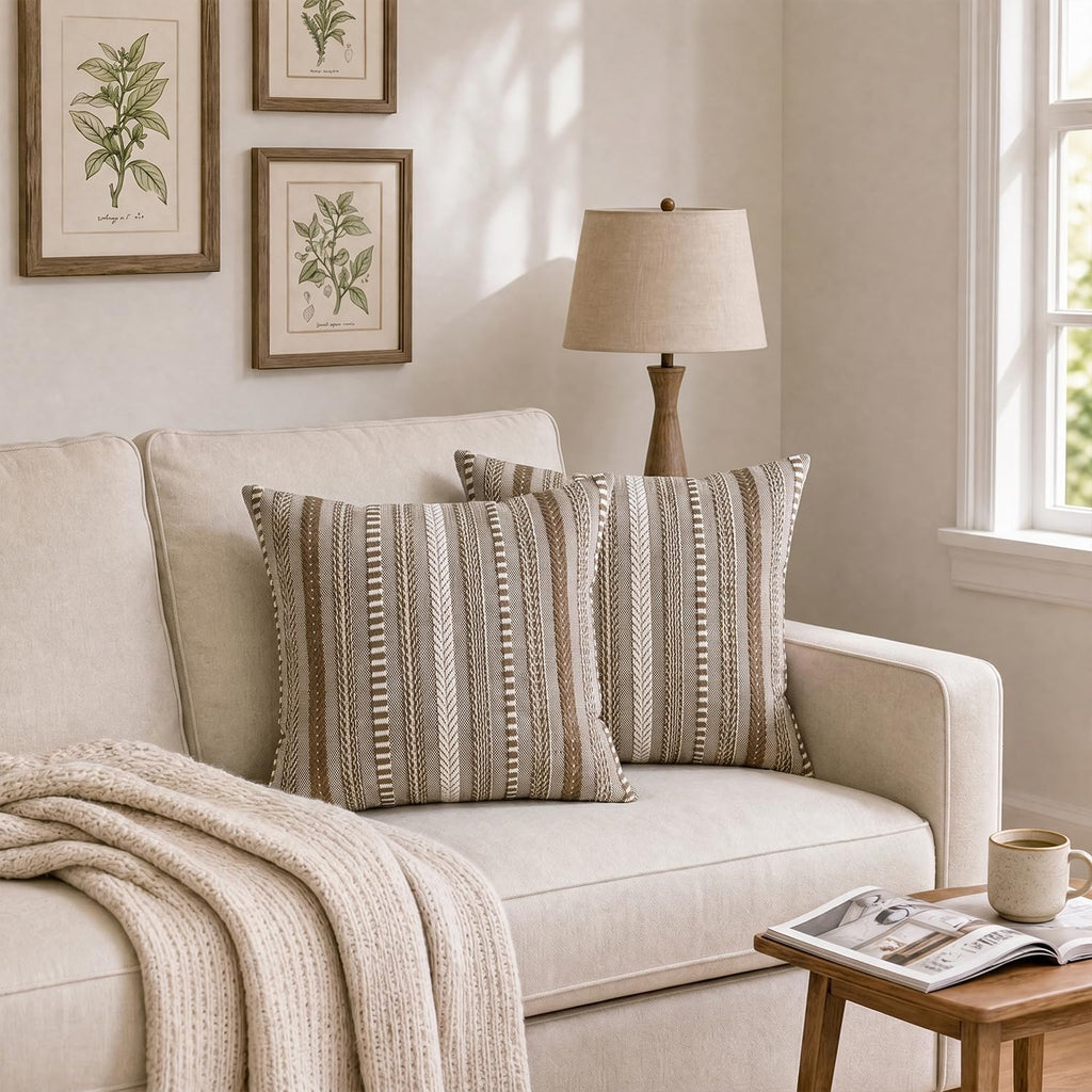 Light Brown Boho Decorative Throw Pillow Covers Set of 2, 20 x 20 Inch Woven Stripe Textured Rustic Cushion Case Home