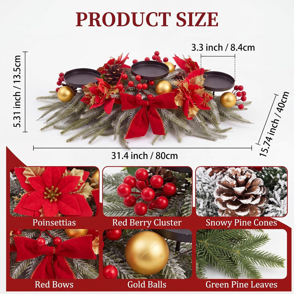 30 Inch Christmas Table Centerpiece with 3 Candle Holders
