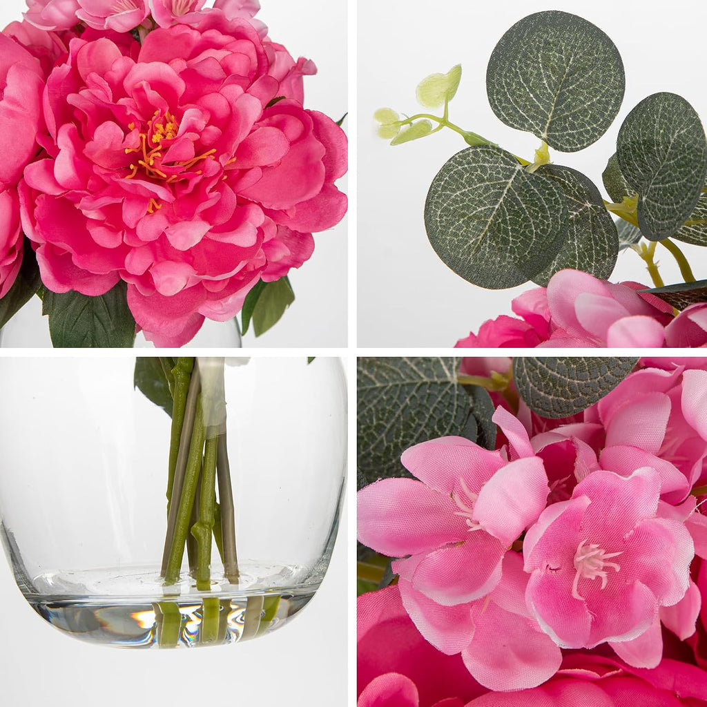 Fake Flowers in Vase Pink Peonies Artificial Flowers Peony Bouquet Silk Flower Arrangements with Glass Vase with Faux