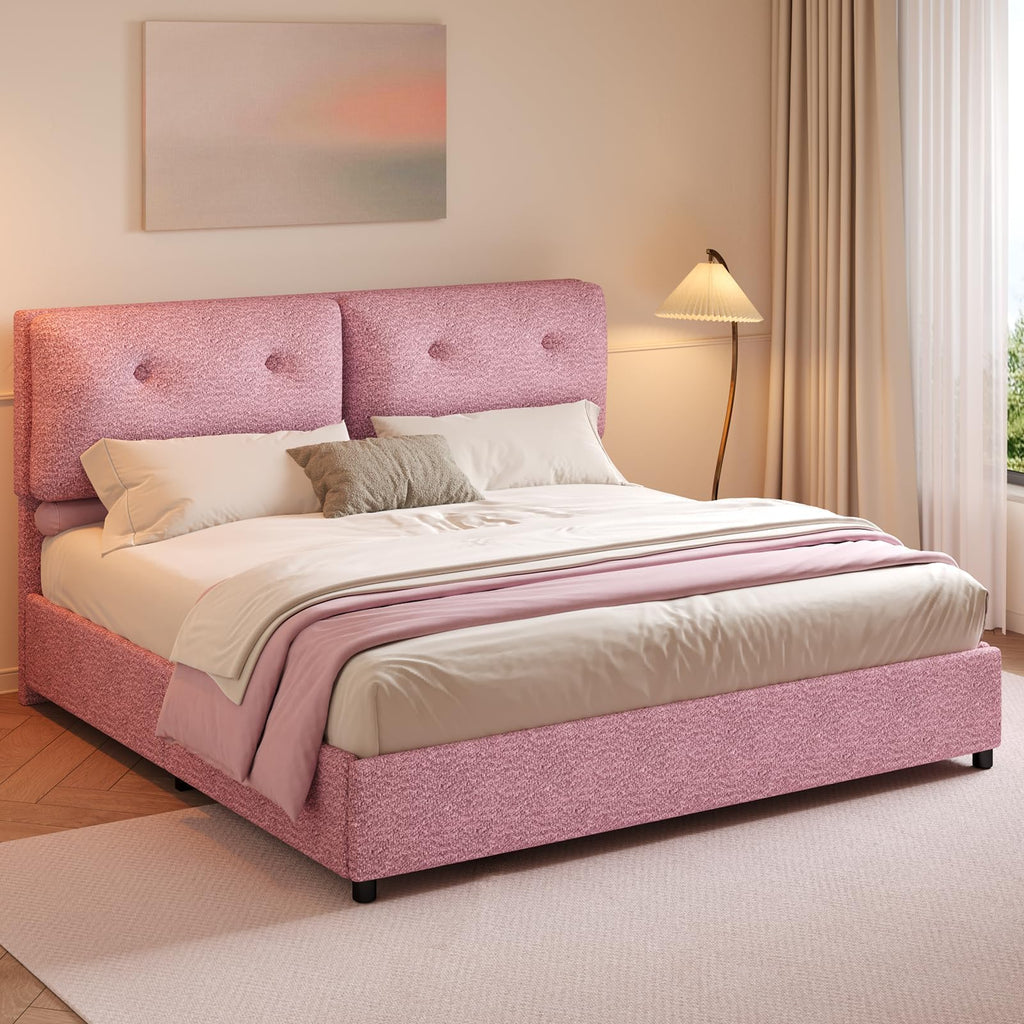 King Size Bed Frame, Boucle Upholstered Bed Frame with Headboard, Removable and Washable, No Box Spring Needed, Wood