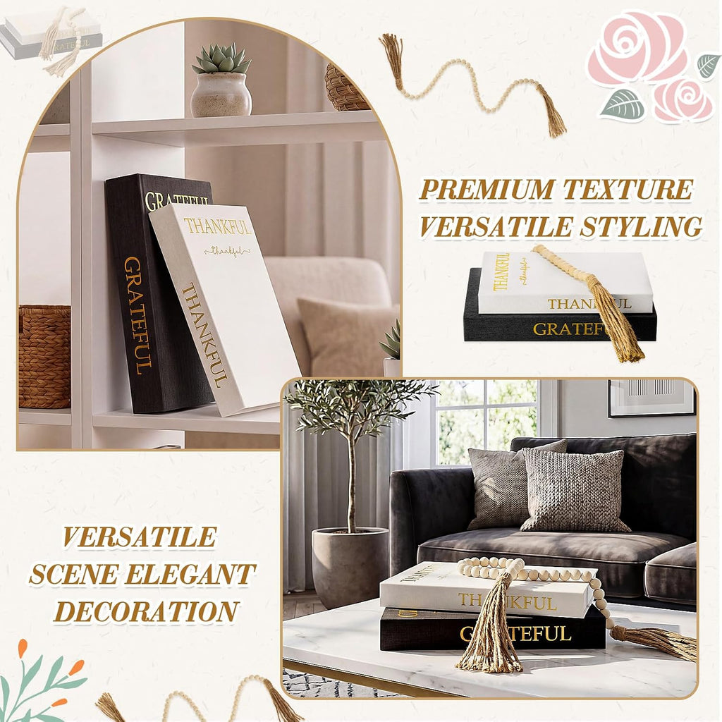Linen Decorative Books with Wooden Beaded Garland Tassel Elegant Linen Books Aesthetic Gold Foil Fake Book - Set of 2