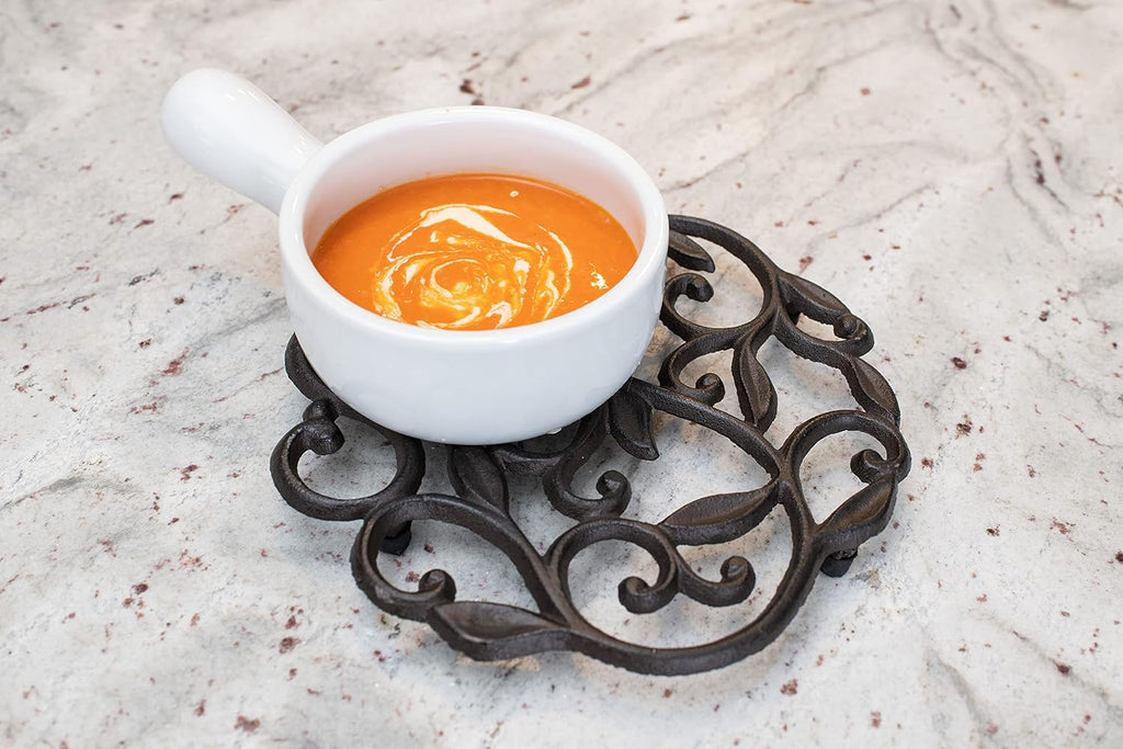 Cast Iron Trivet for Hot Dishes, Pots, and Pans, Metal Trivet, Vine Design, Rubber Feet Caps, Ring Hanger, 8 Inches