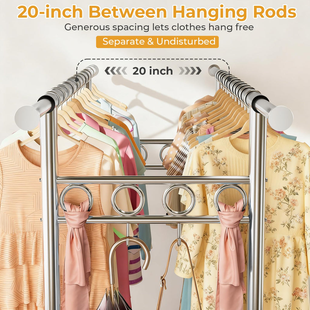 Heavy Duty Clothes Rack Load 1060LBS, Four Rods Rolling Clothing Racks for Hanging Clothes, Rolling Garment Rack With