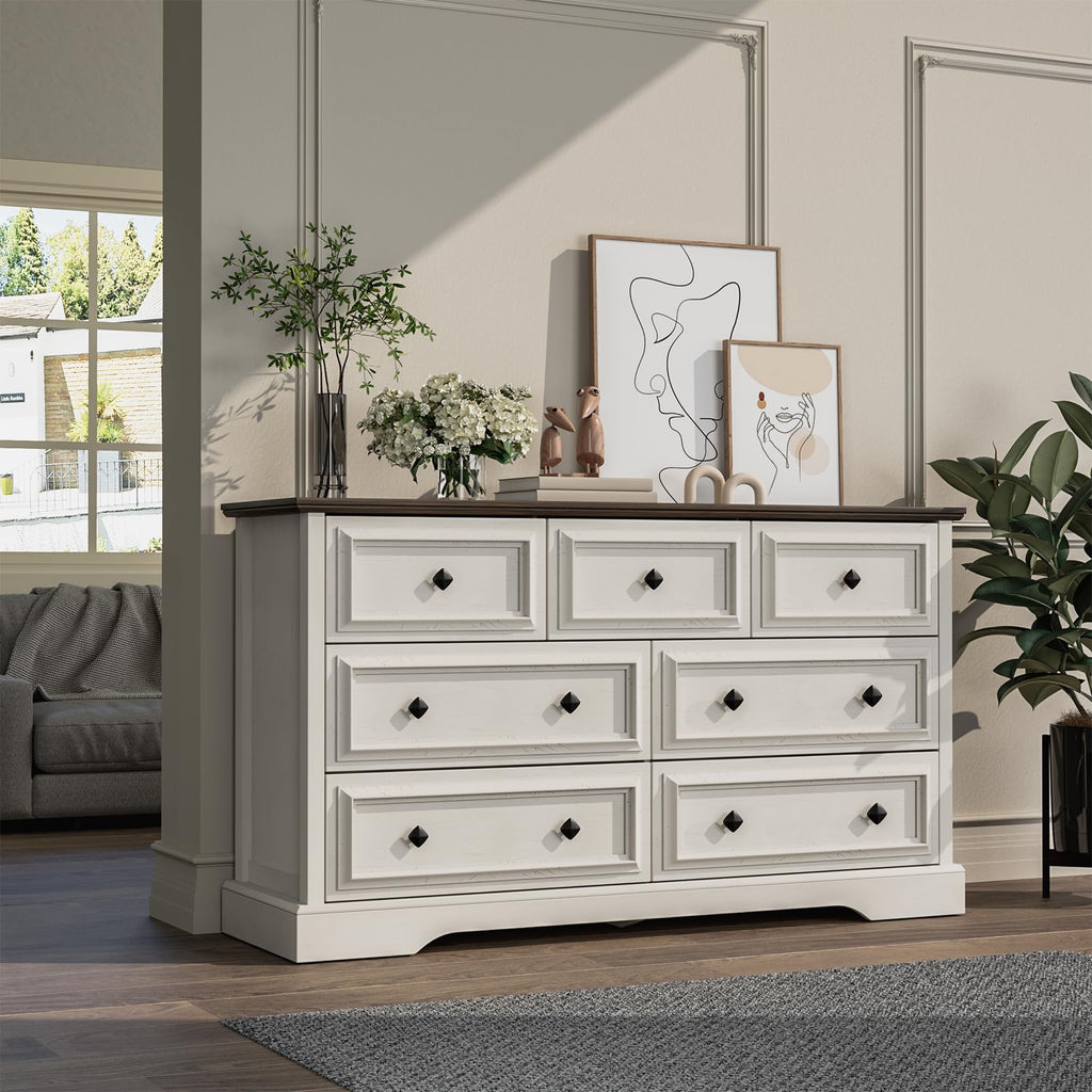Farmhouse 7 Drawer, 54" Wide Wooden with Natural Texture & Vintage Metal Knobs, Large Chest of Drawers, Antique