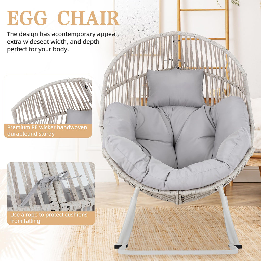 Wicker Egg Chair PE Rattan Rocking Chair with Cushion, Oversized Patio Lounge Rocker Chair for Outdoor, Indoor