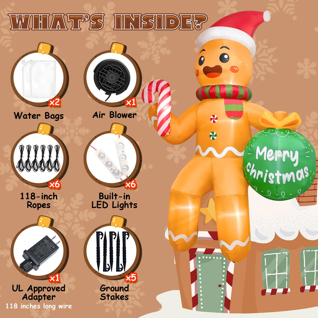11FT Christmas Inflatable Outdoor Decoration, Climbing Gingerbread Inflatable Blow up Yard Decorations with LED