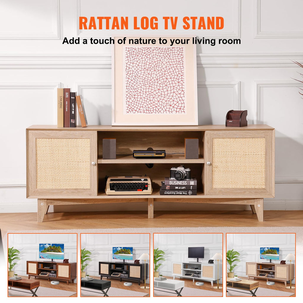 Rattan TV Stand, Mid Century Modern TV Stand for 75 inch TV, Boho Rattan TV Cabinet with Build-in Socket and USB