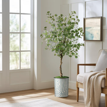 Artificial Tree in Geometric Pattern Planter, Fake Eucalyptus Silk Tree for Indoor and Outdoor Home Decoration - 57"
