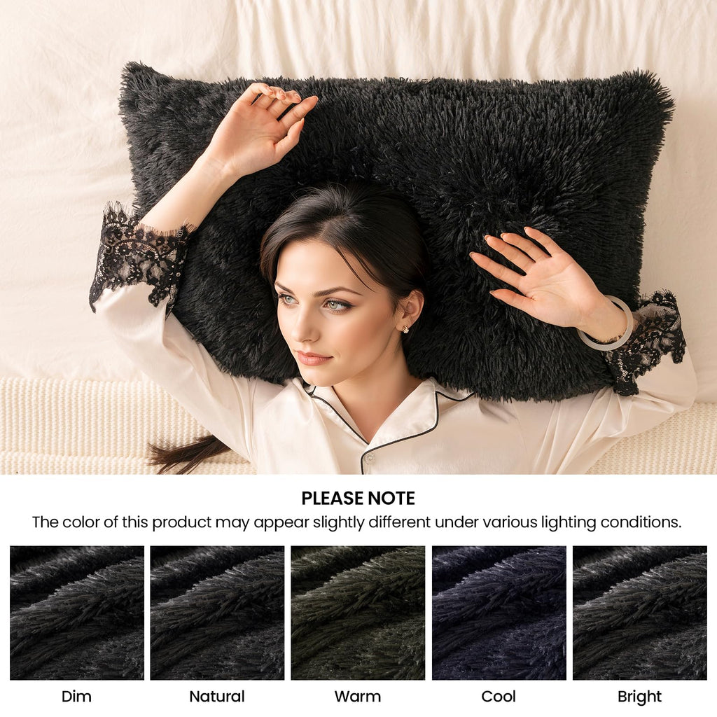 Faux Fur Black Throw Pillow Covers, Fluffy Soft Fuzzy Decorative Pillow Cases Cute Pillowcases Bedroom Living Room