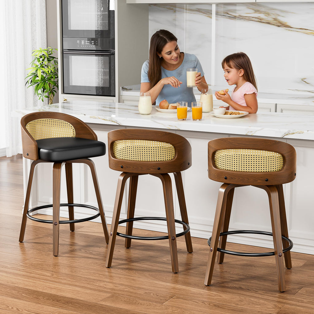 Bar Stools Set of 6, 26" Counter Height Stools with Rattan Back