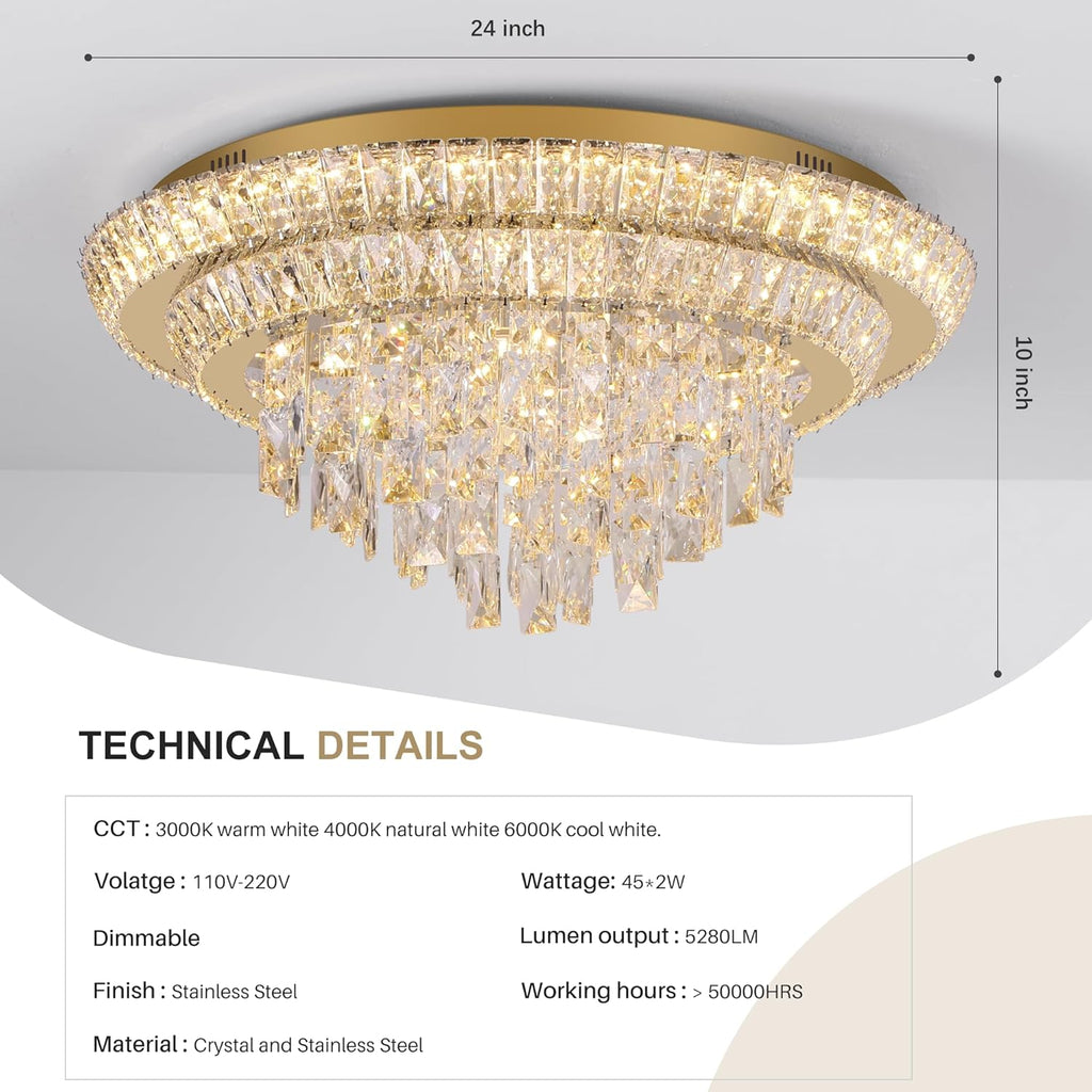 24 inch Crystal Gold Ceiling-Light Flush Mount With Remote Control and APP | 3CCT Dimmable & Brightness Adjustable