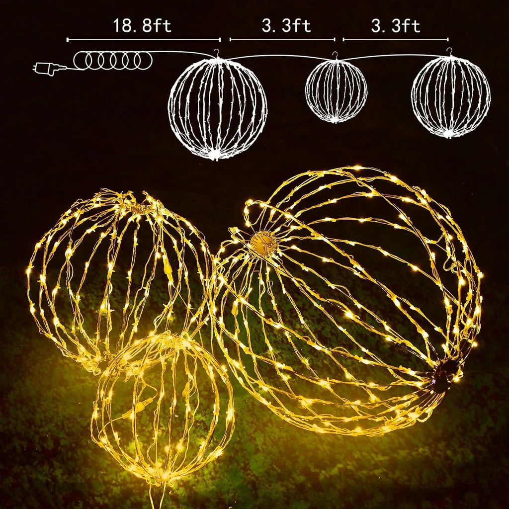 Set of 3 Christmas Light Balls Outdoor, 12/16/21 Inch Foldable Sphere Decor