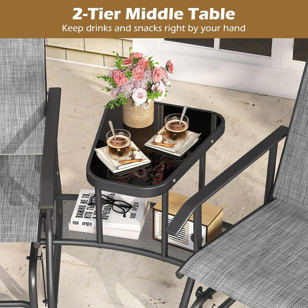 Patio 2 Person Swing Glider Chair, Outdoor Double Rocking Chair W/Center Table & Umbrella Hole, Reinforced Steel